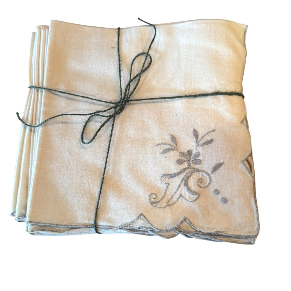 Vintage White Linen Cocktail Napkins Gray Floral Embroidery Scallop‎ Edge Set 12